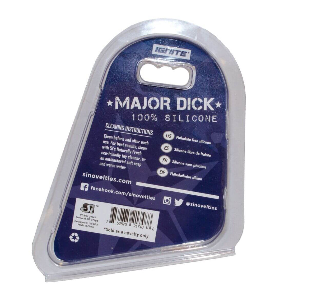 Packaging of Major Dick Commando Silicone Donut Blue Camo 1.75 inches with cleaning instructions.