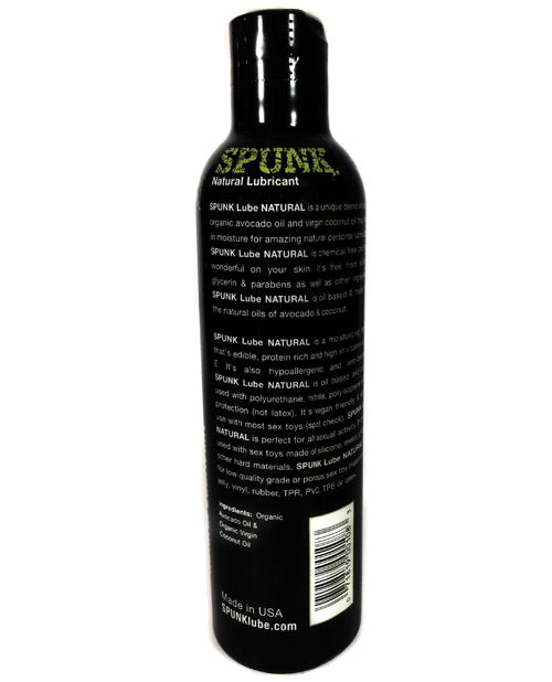 Spunk Natural Oil-Based Coconut Avocado Lubricant 8 oz bottle with ingredient details on label.