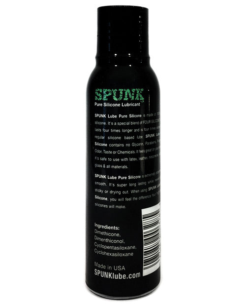Spunk Pure Silicone Lube 4 Ounce bottle with information about ingredients and usage on the label.