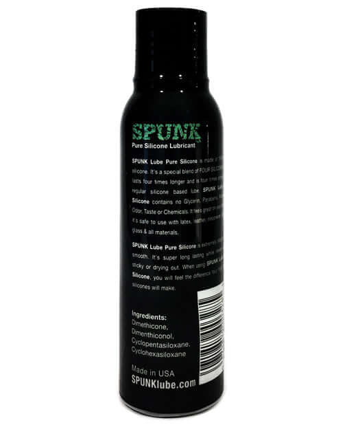 Spunk Pure Silicone Lube 4 Ounce bottle with information about ingredients and usage on the label.