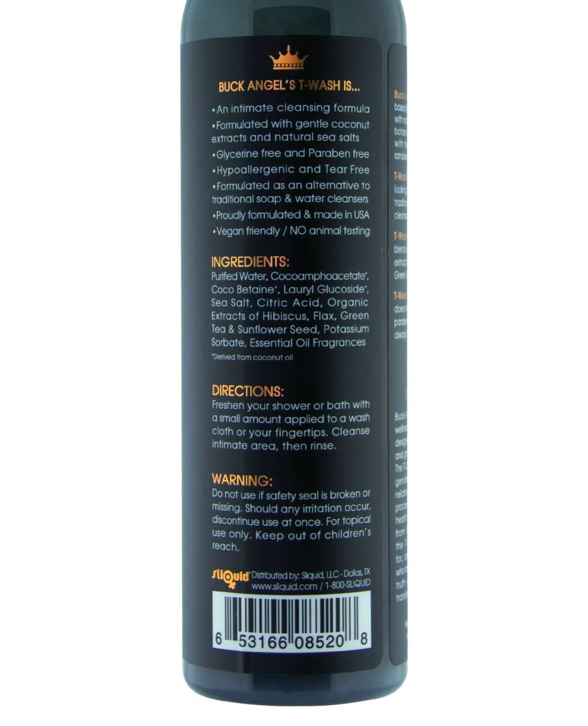 Sliquid Buck Angel T-Wash Intimate Cleanser 8.5 oz bottle with ingredient list and directions.