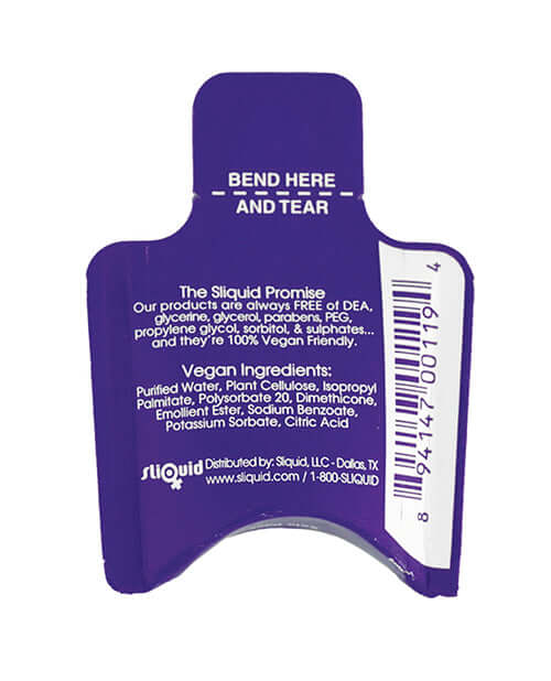 Sliquid Naturals Silk Lubricant 0.17 oz Pillow Pack back packaging details and vegan ingredients list.