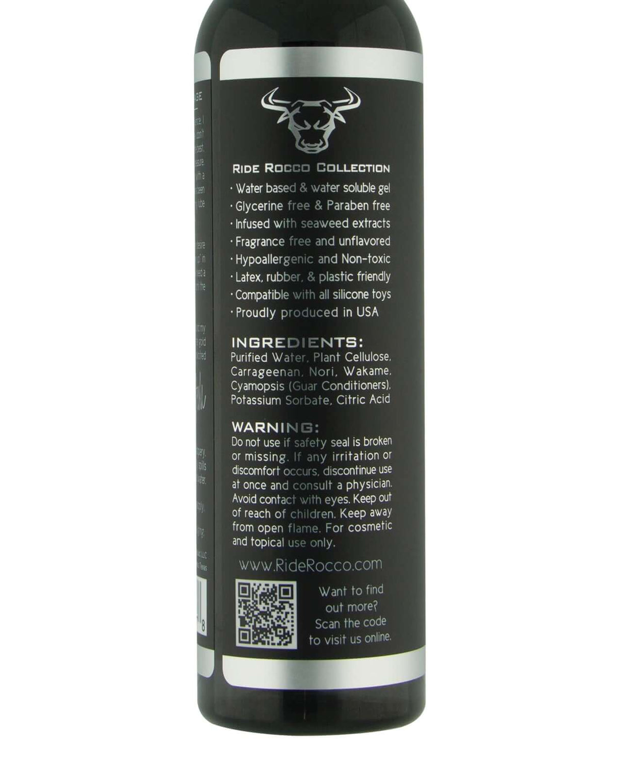 Sliquid Ride Rocco Water Based Lubricant 8 Oz bottle ingredients and usage information