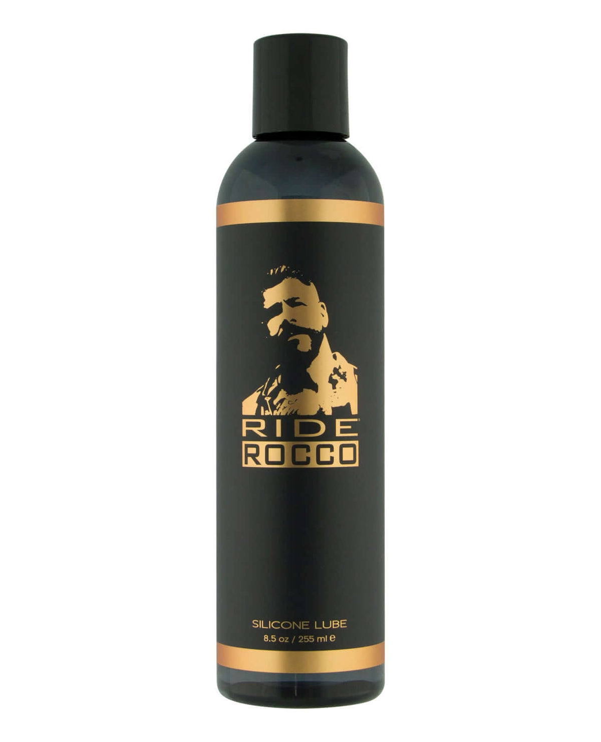 Sliquid Ride Rocco Silicone Lubricant 8 oz bottle featuring a sleek black and gold design.