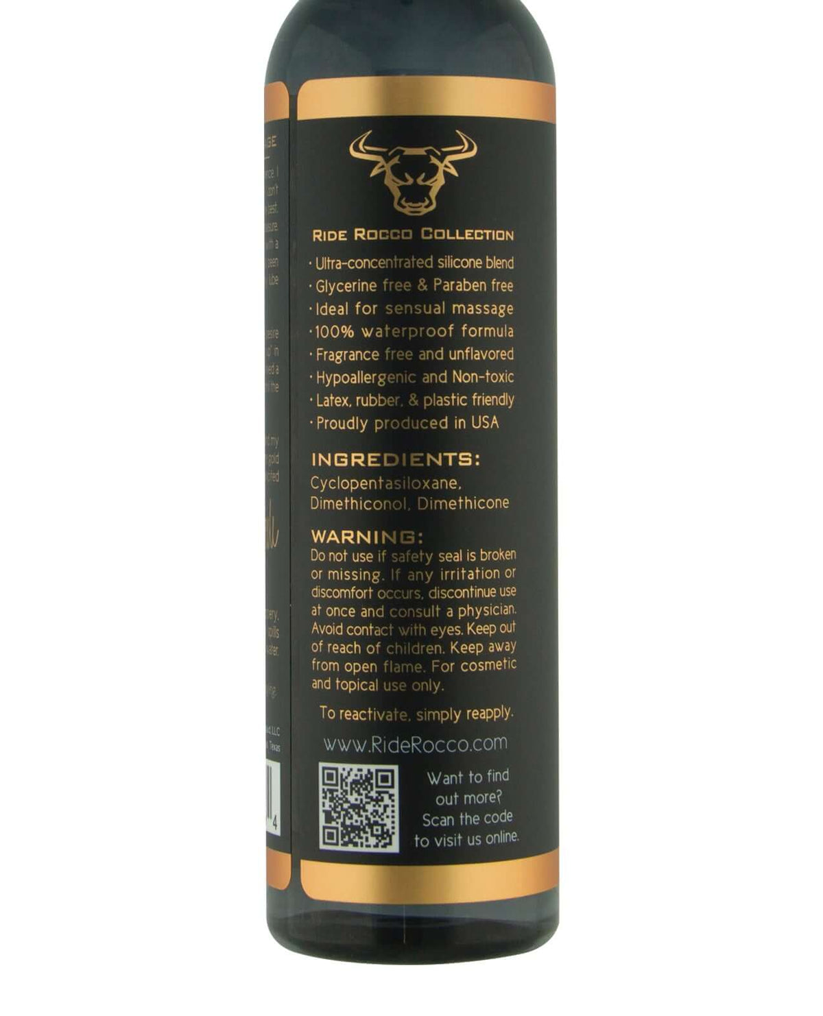 Sliquid Ride Rocco Silicone Lubricant 8 oz bottle with ingredient details and usage instructions.