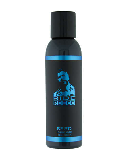 Sliquid Ride Rocco Seed Hybrid Cum Lube 4.2 Oz bottle with sleek black design and blue accents
