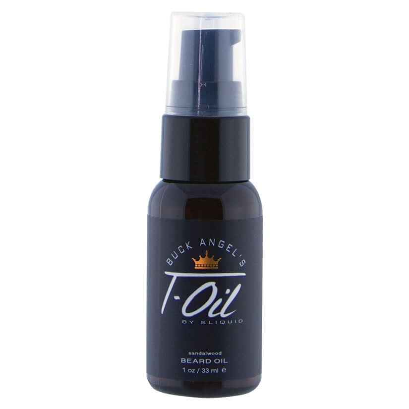 Sliquid Buck Angel T Oil Sandalwood 1 Oz bottle showcasing beard oil for facial hair growth.