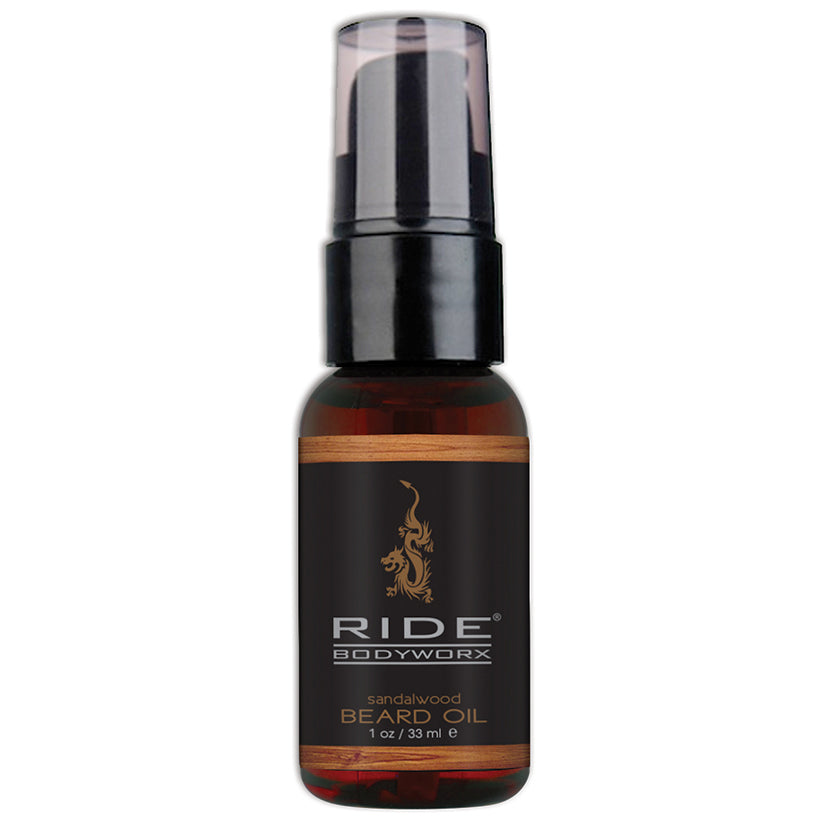 Ride Bodyworx Beard Oil Sandalwood 1 Oz bottle showcasing the luxurious, woodsy scent and nourishing benefits for beards.