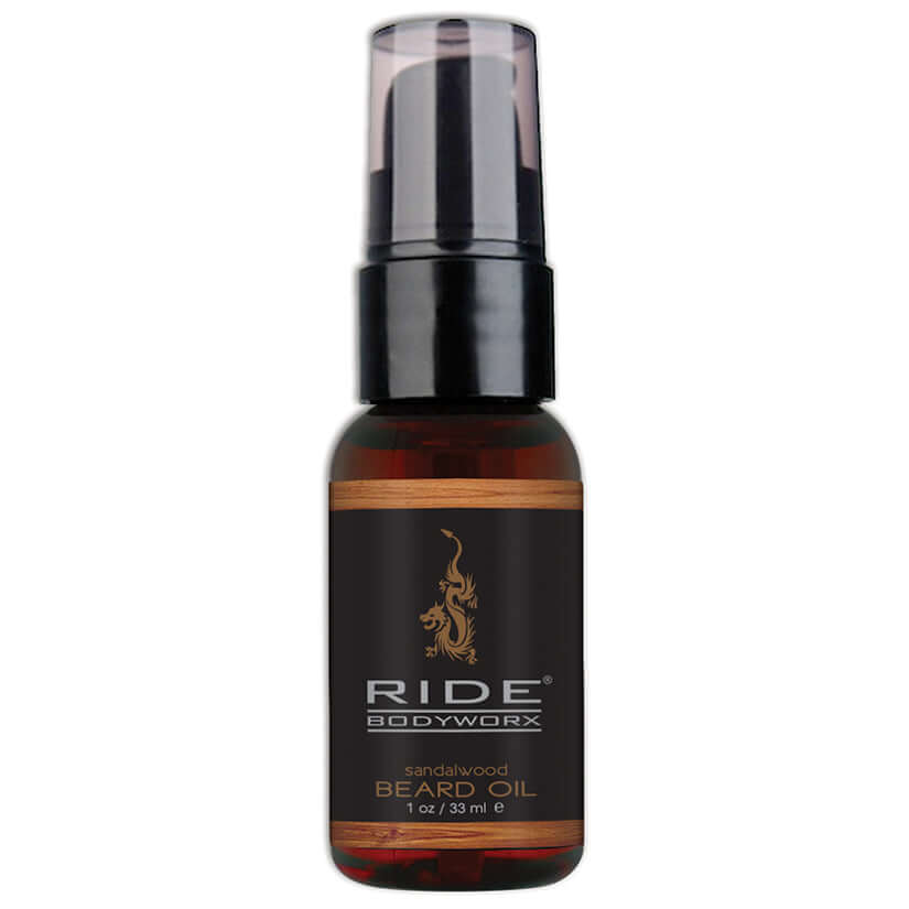 Ride Bodyworx Beard Oil Sandalwood 1 Oz bottle showcasing the luxurious, woodsy scent and nourishing benefits for beards.