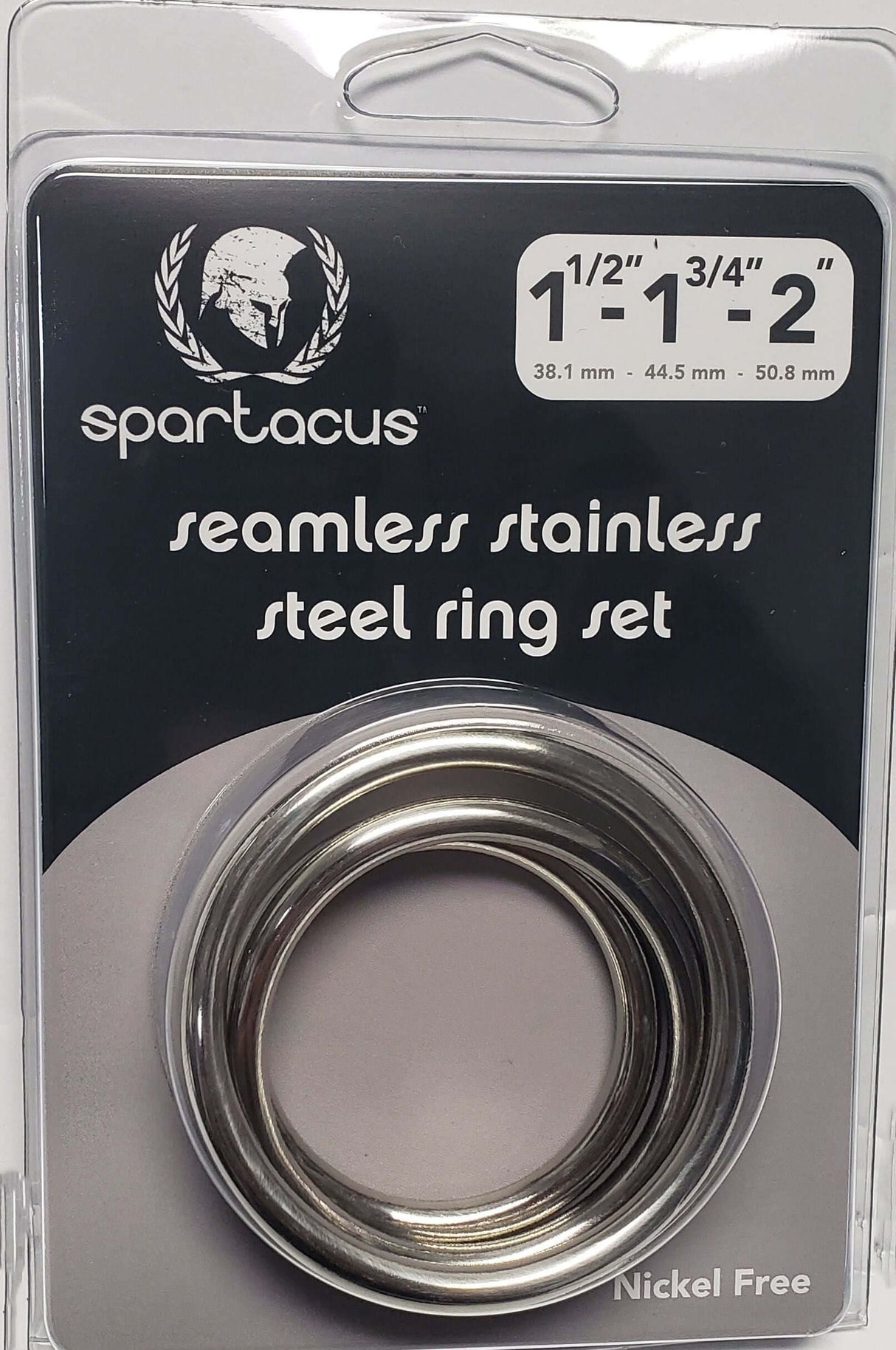 Spartacus Seamless Stainless Steel C Ring Set packaging showing three sizes of rings 1.5-inch, 1.75-inch, and 2-inch.