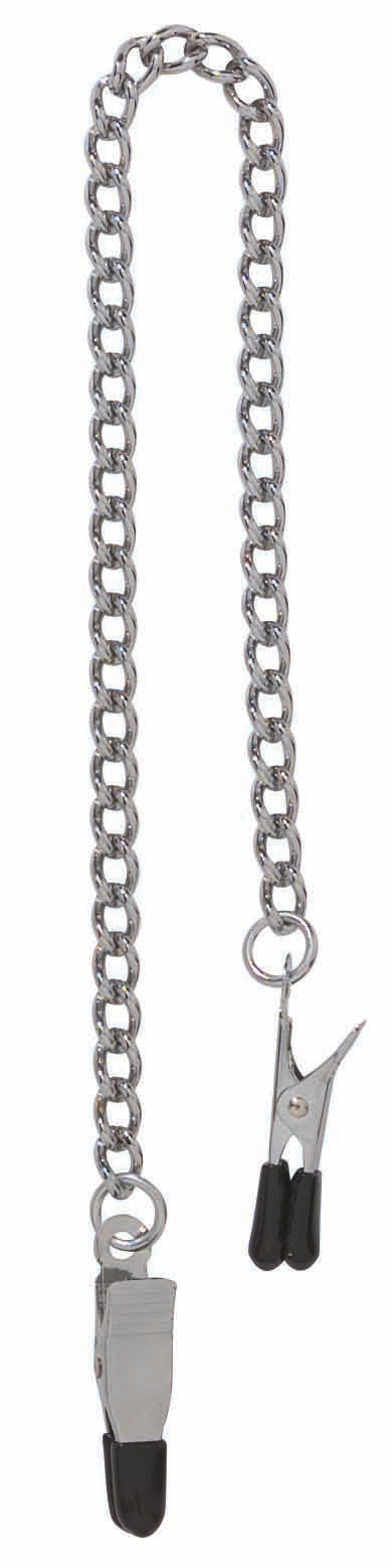 Spartacus Endurance Nipple Clamps Tapered Tip with a chain and rubber-tipped clamps for nipple play.