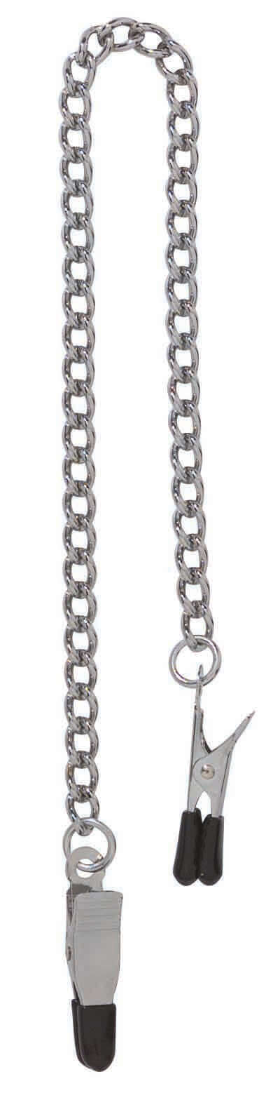 Spartacus Endurance Nipple Clamps Tapered Tip with a chain and rubber-tipped clamps for nipple play.