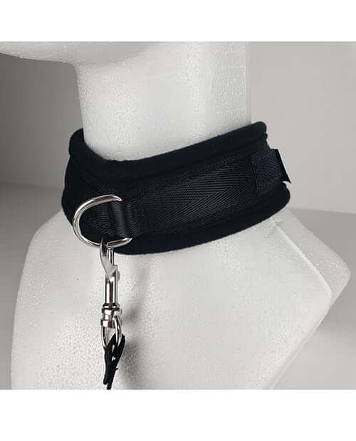 Spartacus Collar & Leash Neoprene Black displayed on a mannequin, showcasing its soft neoprene and secure hardware.