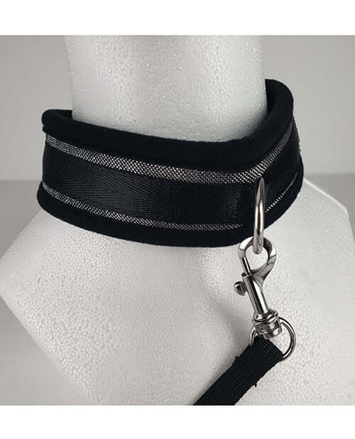 Spartacus Collar and Leash Neoprene Silver detail shot, showing black collar with silver accents and leash attachment.