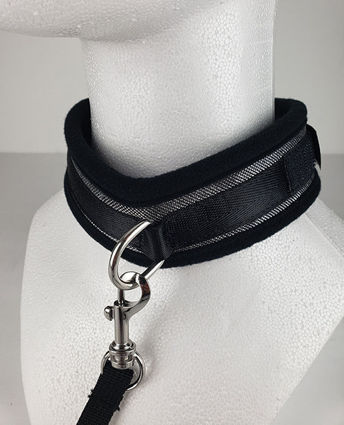 Spartacus Collar and Leash Neoprene Silver displayed on a mannequin showcasing its sleek design and comfort.
