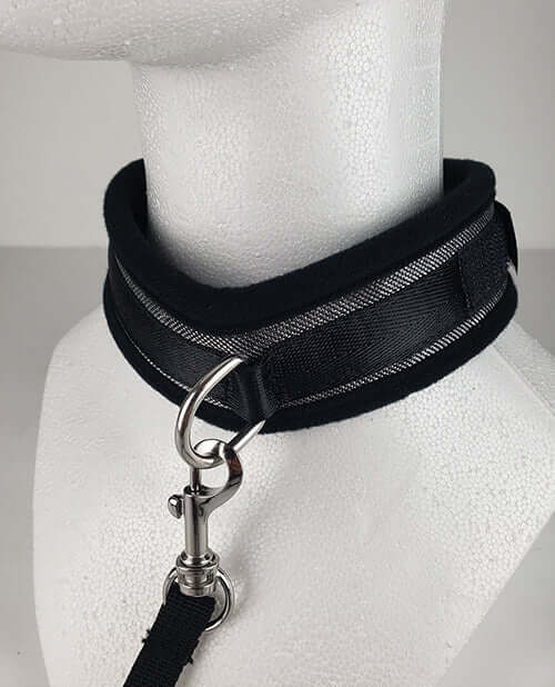 Spartacus Collar and Leash Neoprene Silver displayed on a mannequin showcasing its sleek design and comfort.