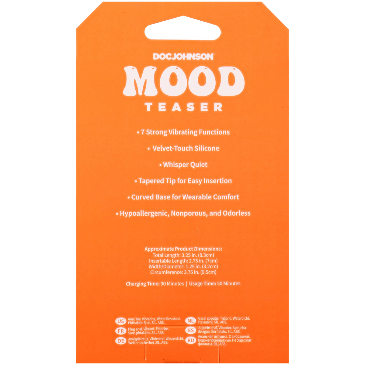 Mood Teaser Vibrating Micro Plug Mint packaging showing features like 7 vibrating functions and velvet-touch silicone.