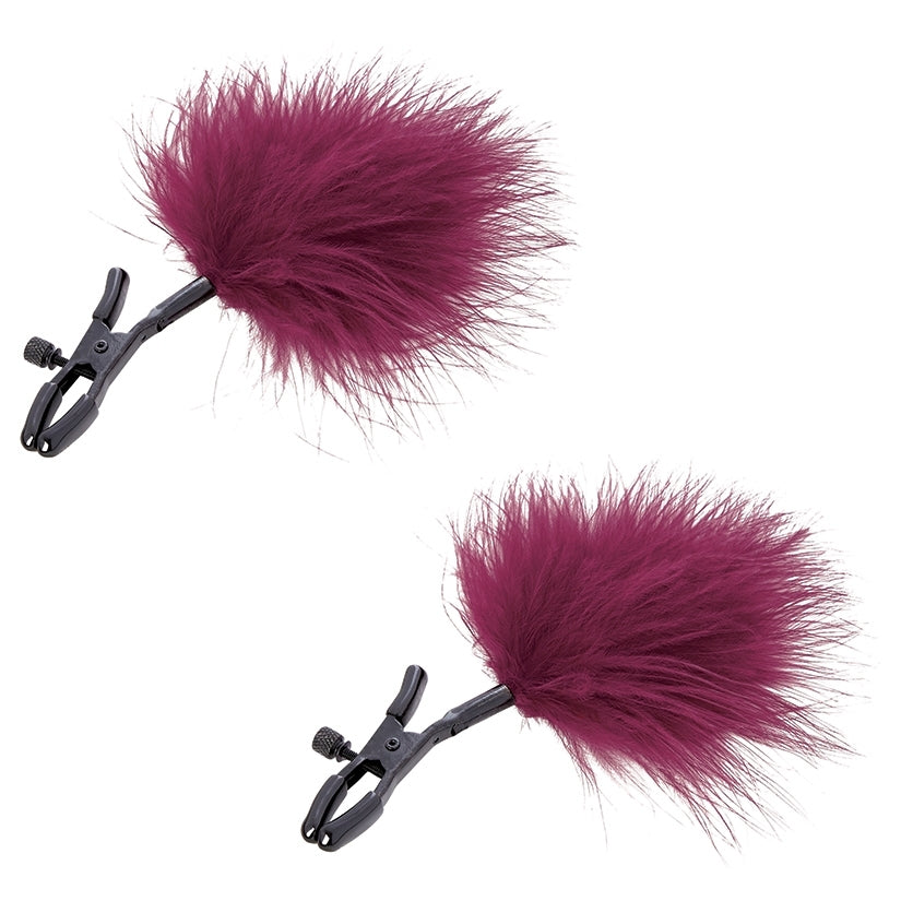 S & M Enchanted Feather Nipple Clamps featuring soft maroon feathers and adjustable pressure clamps for sensation play.
