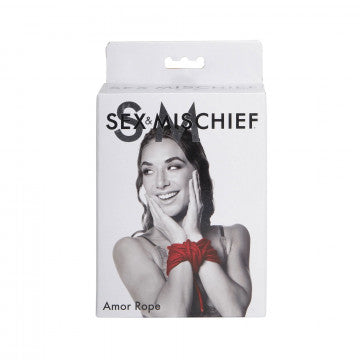 Sex & Mischief Amor Cotton Bondage Rope 30 Feet packaging showcasing a playful design and vibrant red color.