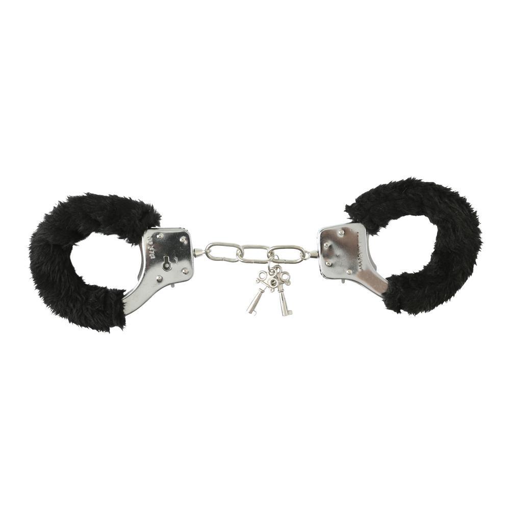 Sex & Mischief Furry Handcuffs Black with plush black faux-fur and metal cuffs for light bondage.
