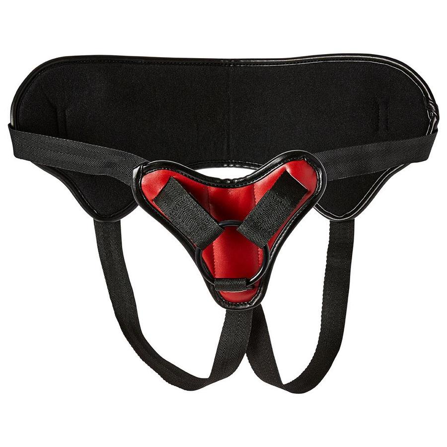 Sportsheets Saffron Strap On Harness Red Black showcasing its stylish design and comfort for shared play.
