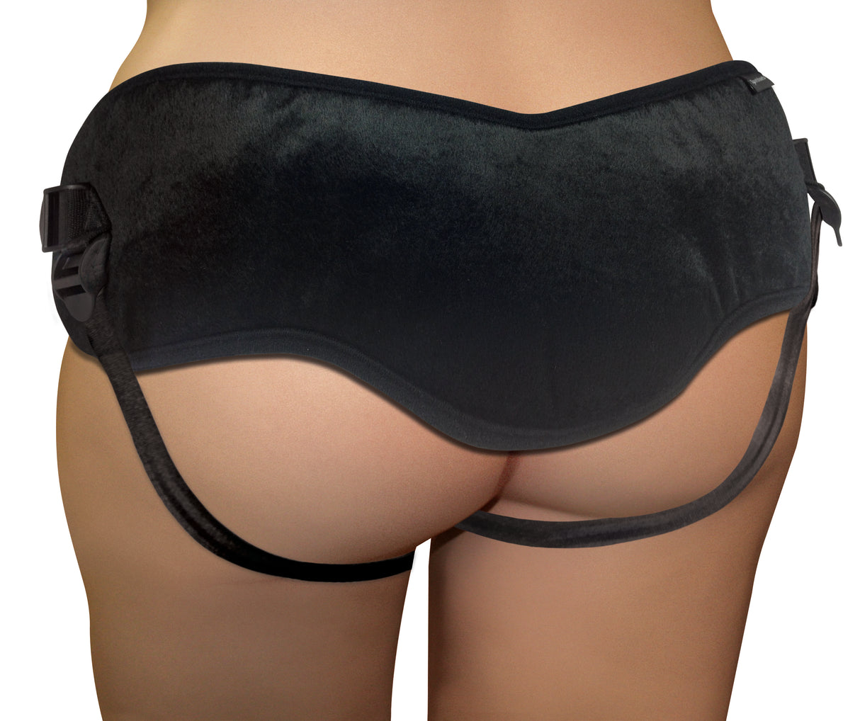 Sportsheets Plus Size Beginners Black Strap-On Harness showcasing plush black fabric and adjustable straps.