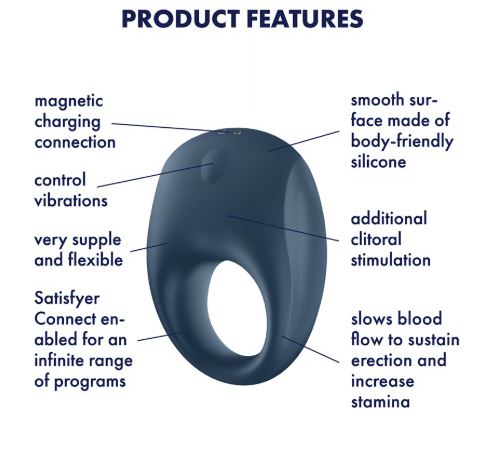 Satisfyer Strong One Vibrating Cock Ring product features including magnetic charging and body-friendly silicone.