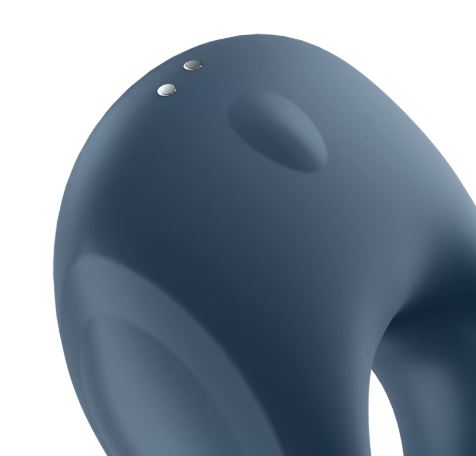 Satisfyer Strong One Vibrating Cock Ring close-up showing the body-friendly silicone and control buttons.