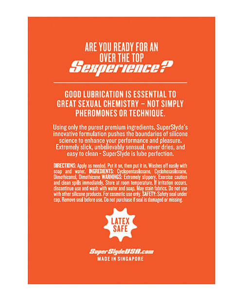 SuperSlyde Silicone Lubricant 13.56 Oz product details emphasizing quality and safe usage for enhanced sexual experience.