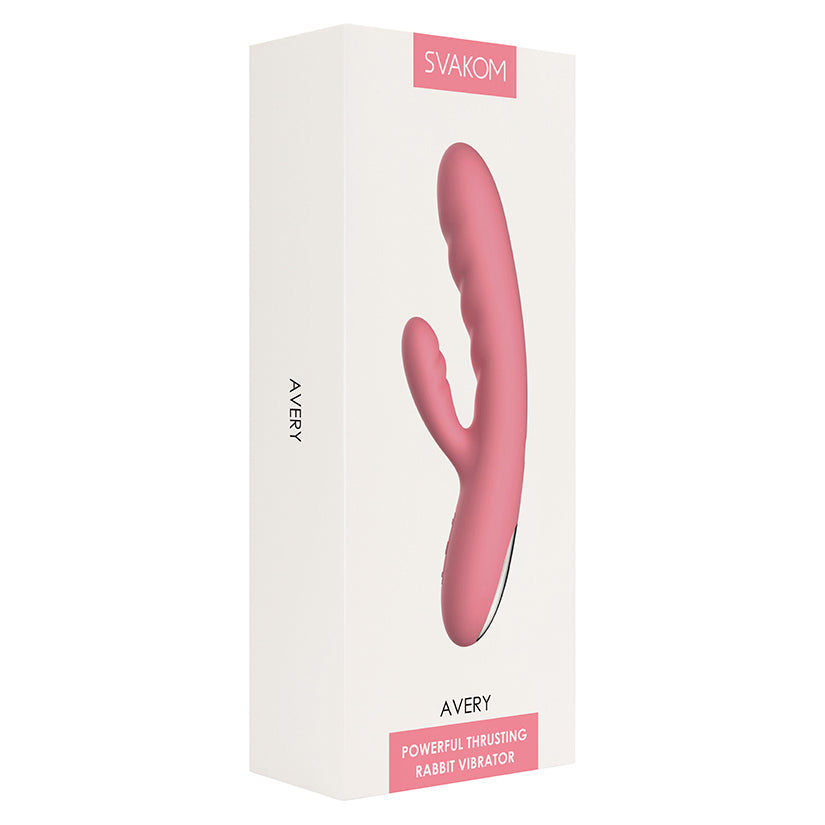 Svakom Avery Rabbit Vibrator Strawberry Pink packaging featuring a powerful thrusting design in vibrant strawberry pink.