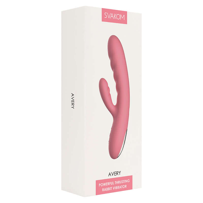 Svakom Avery Rabbit Vibrator Strawberry Pink packaging featuring a powerful thrusting design in vibrant strawberry pink.