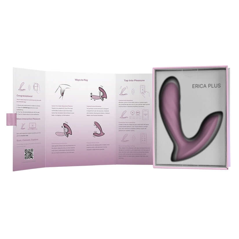 Svakom Erica Plus Wearable Thrusting Vibrator packaging with instructions and product view.