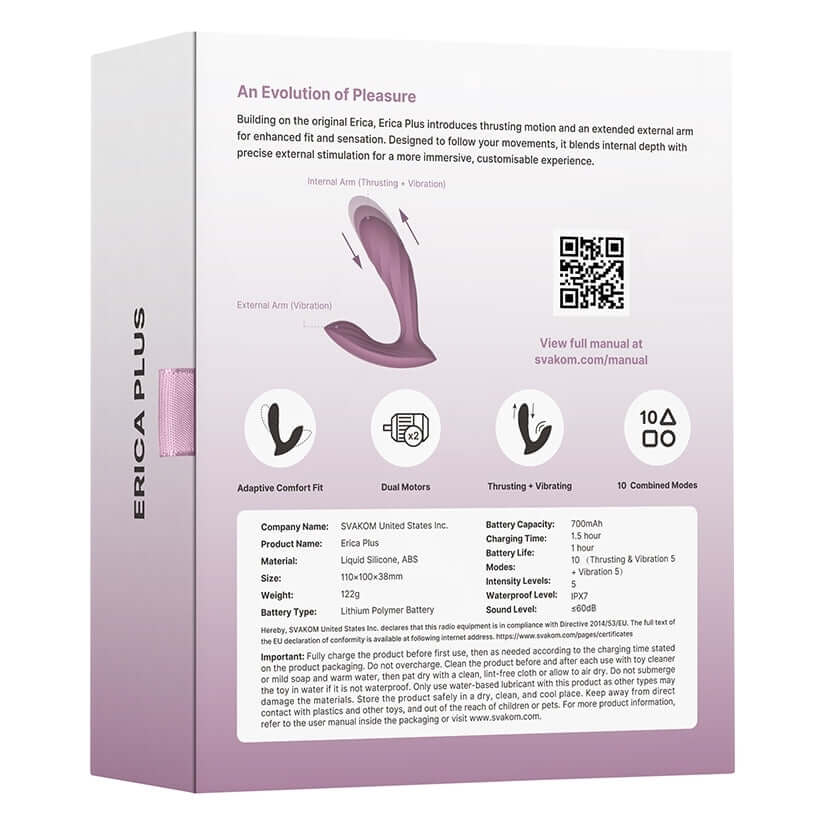 Svakom Erica Plus Wearable Thrusting Vibrator packaging showcasing features and specifications for enhanced pleasure.