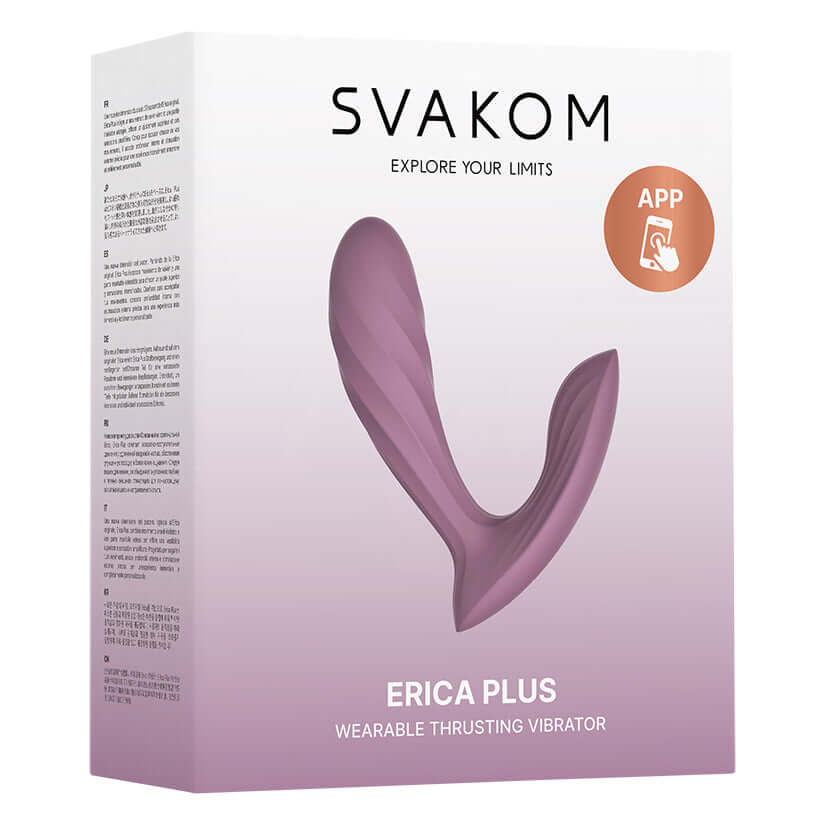 Svakom Erica Plus Wearable Thrusting Vibrator packaging featuring the product design and app compatibility.