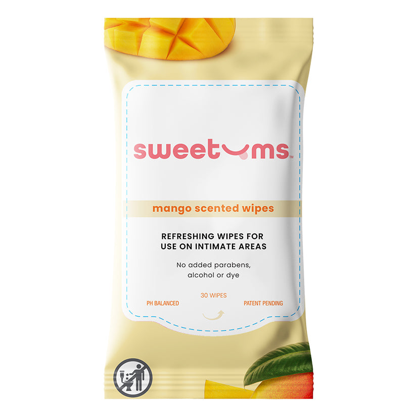 Sweetums Mango Scented Intimate Wipes 30 Pack package design featuring pH balanced, refreshing wipes for intimate areas.