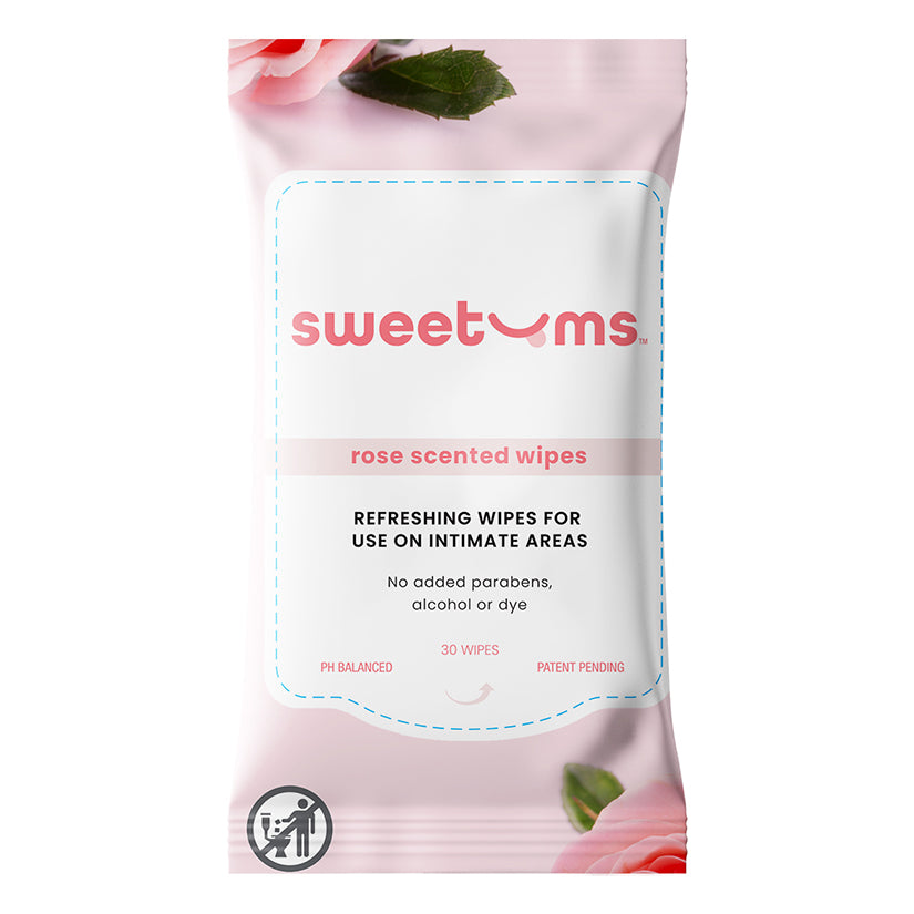 Sweetums Rose Scented Intimate Wipes 30 Count package featuring a clean design and rose graphic.