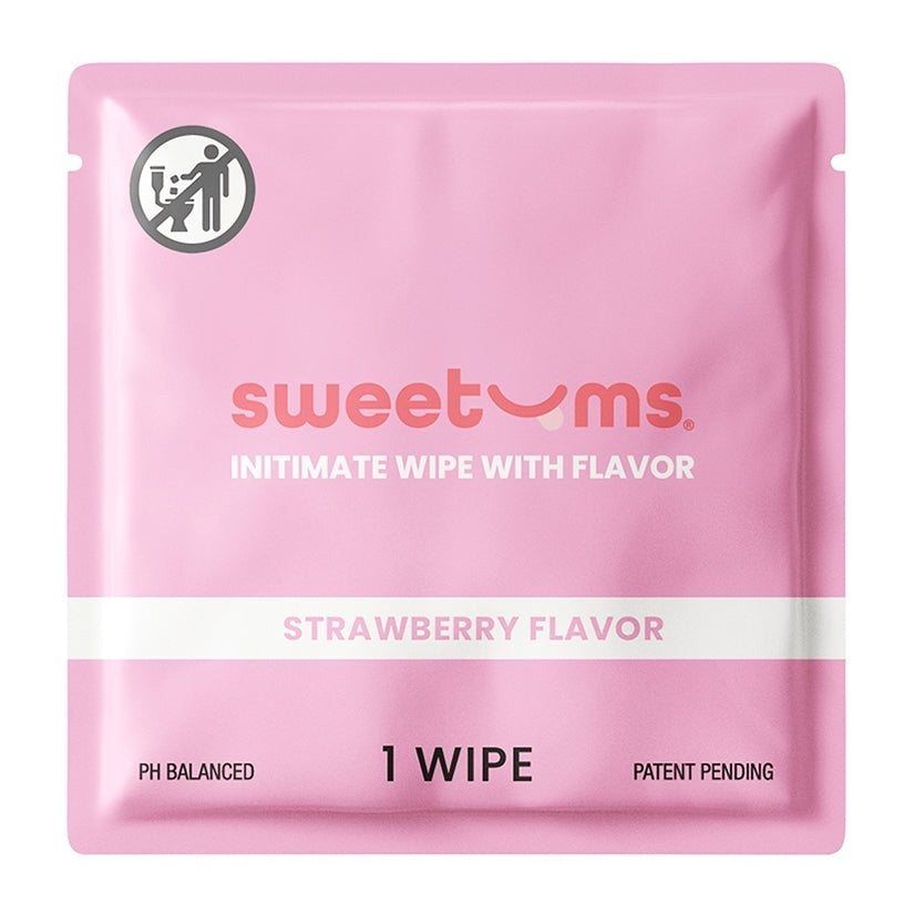 Sweetums Flavored Wipes Strawberry 10 Count packaging featuring strawberry flavor and compact design for freshness.
