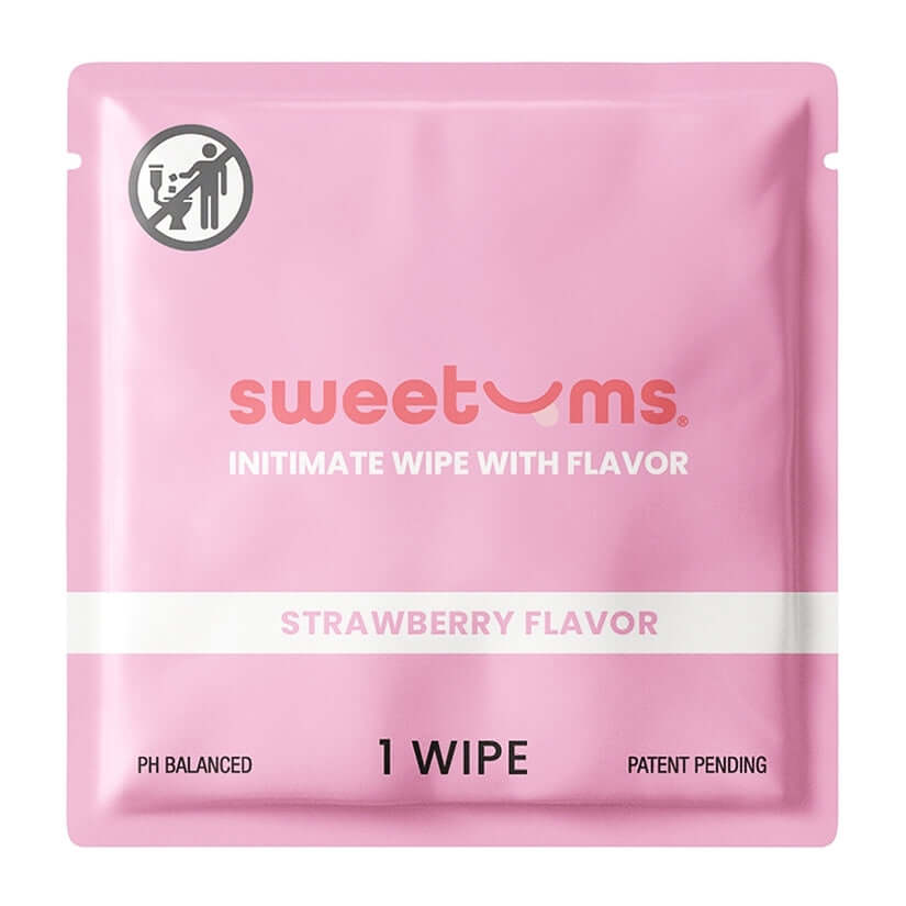 Sweetums Flavored Wipes Strawberry 10 Count packaging featuring strawberry flavor and compact design for freshness.