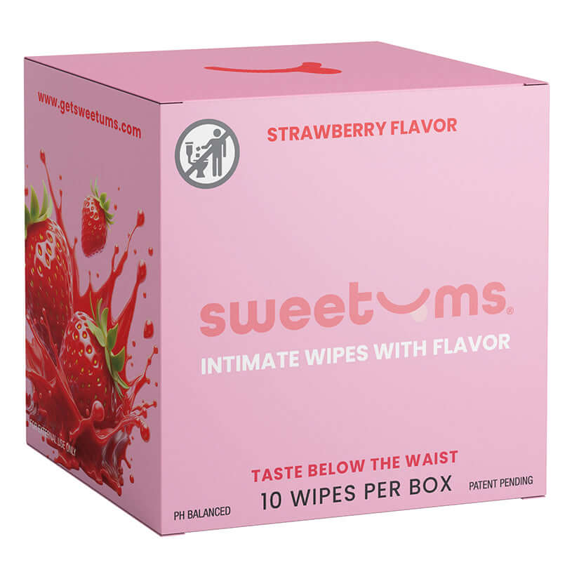 Sweetums Flavored Wipes Strawberry 10 Count packaging featuring strawberry flavor and intimate wipes.