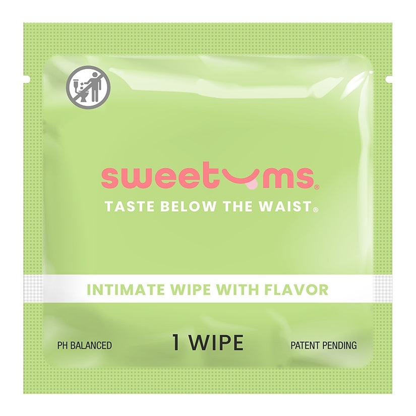 Sweetums Watermelon Flavored Intimate Wipes package, featuring a crisp design and easy-to-use format for refreshing intimacy.
