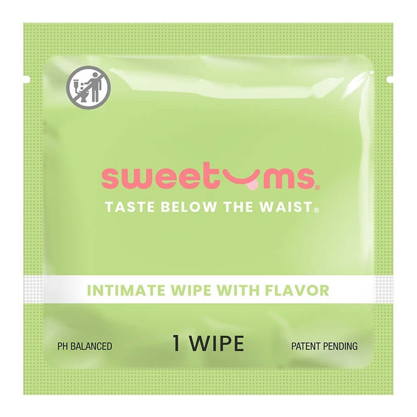 Sweetums Watermelon Flavored Intimate Wipes package, featuring a crisp design and easy-to-use format for refreshing intimacy.