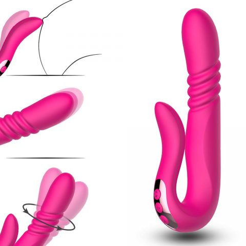 Tailspin Thrusting Dual Stimulating Rabbit Vibrator in pink with distinct head and controls for dual stimulation.