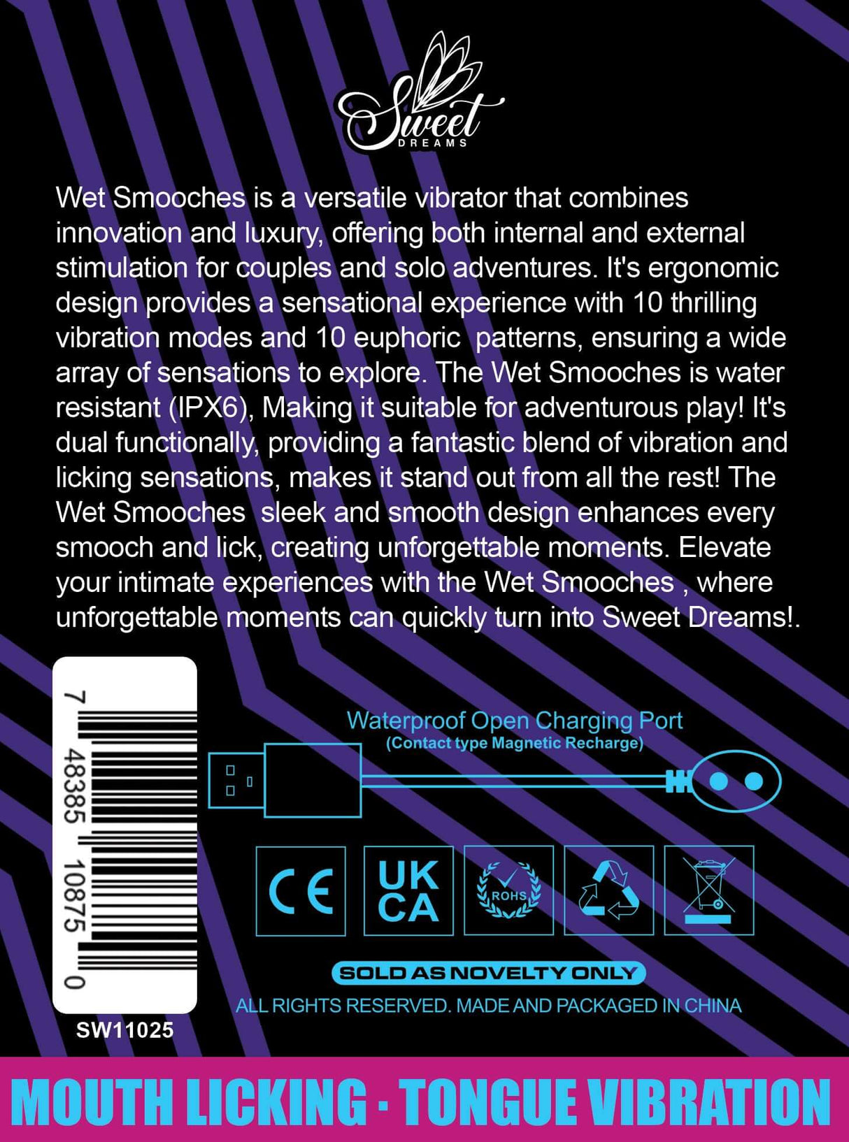 Wet Smooches Mouth Licking Tongue Vibrator packaging highlighting features and usage instructions.