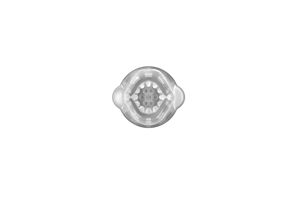 Thrusting 360 Rotating Male Stroker showing its innovative design from an overhead view, highlighting the internal texture.