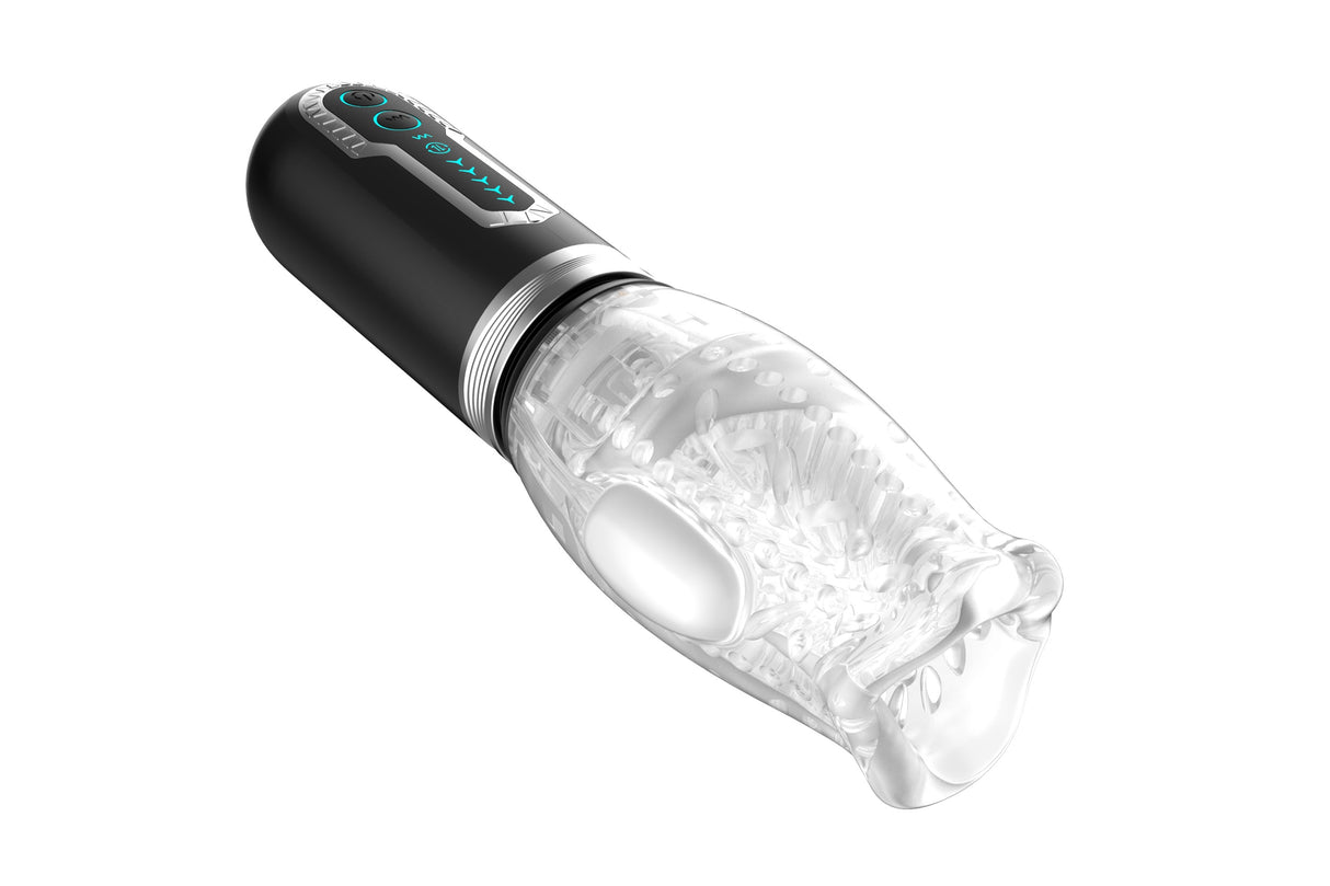 Thrusting 360 Rotating Male Stroker showcasing its transparent design and intuitive control panel.