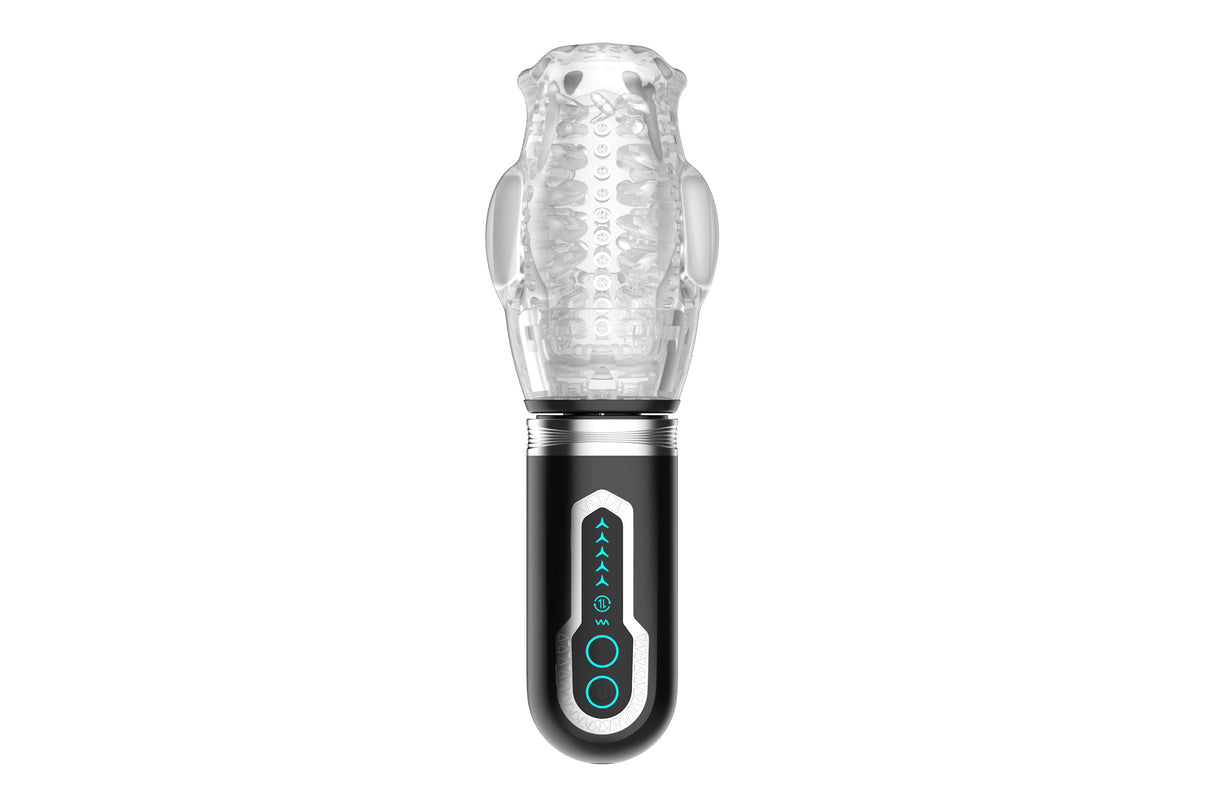 Thrusting 360 Rotating Male Stroker featuring a clear, textured design and advanced controls for customizable experience.