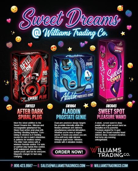 Sweet Dreams at Williams Trading Co. featuring After Dark Spiral Anal Plug Vibrator, Aladdin Prostate Genie, and Sweet Spot Pleasure Wand.