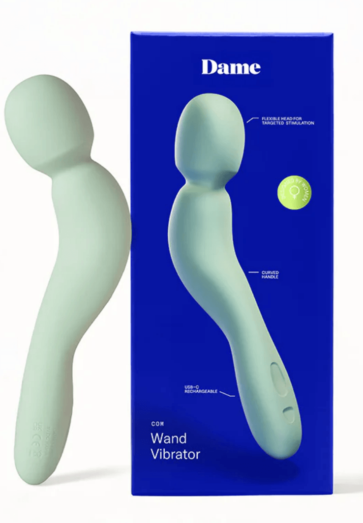 Dame Com Wand Vibrator Sage packaging featuring a curved handle and body-friendly design for comfort.