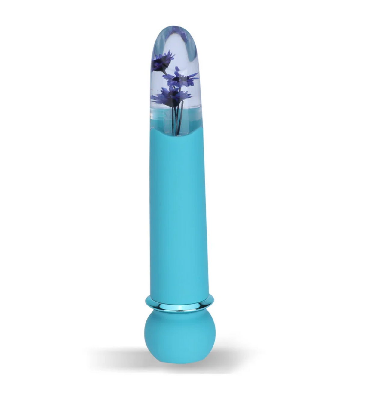 Maia Flora Fiercely Powerful Vibrator Teal featuring a clear tapered tip and faux flowers, designed for intense pleasure.