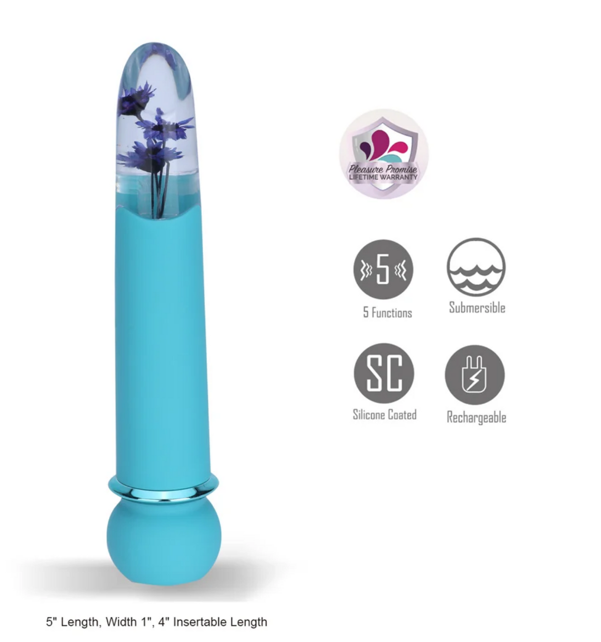Maia Flora Fiercely Powerful Vibrator Teal with faux flowers and 5-speed settings, silicone-coated shaft.